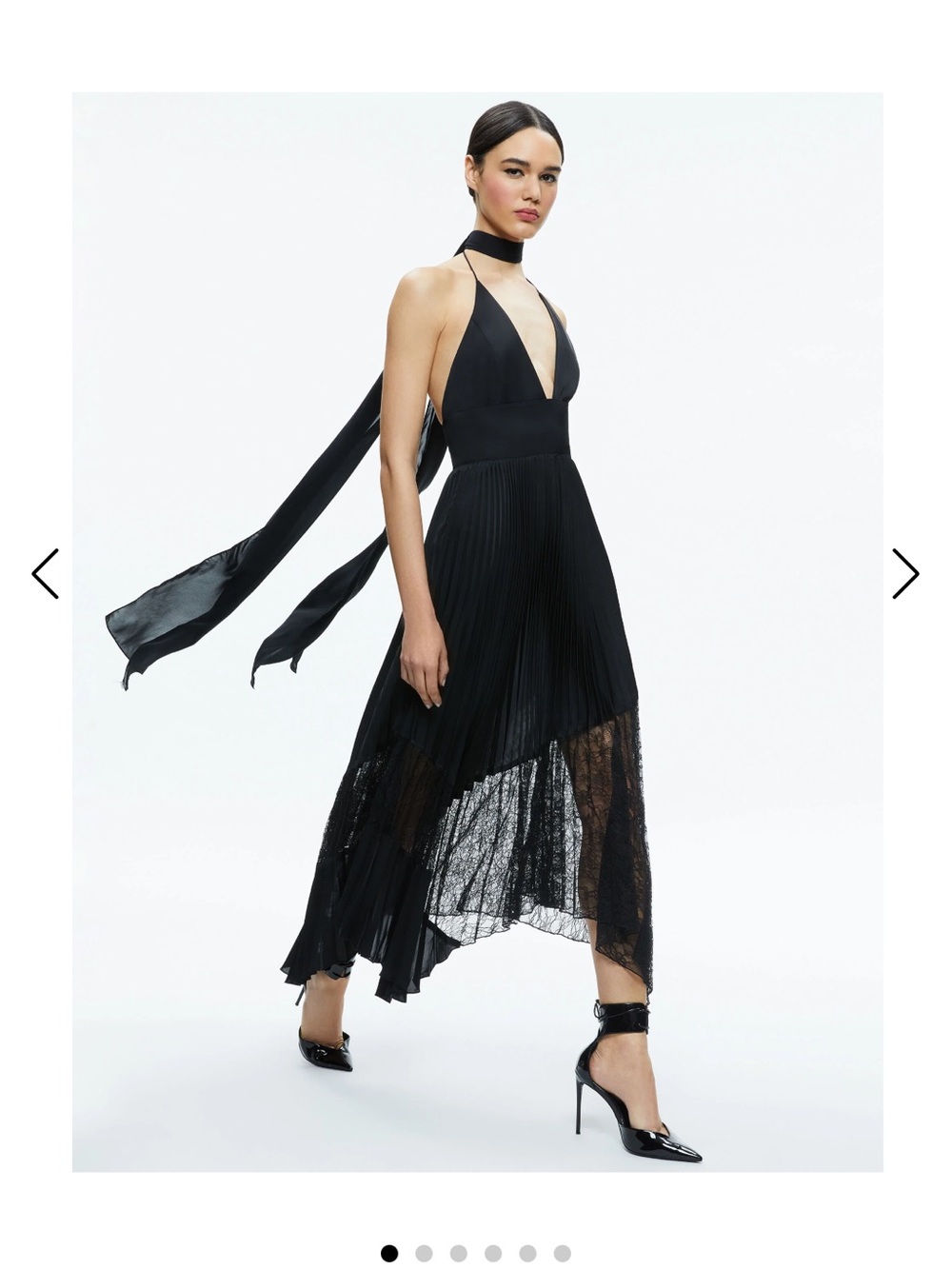 Alice + Olivia Black Halter Pleated High-Low Lace Midi Dress